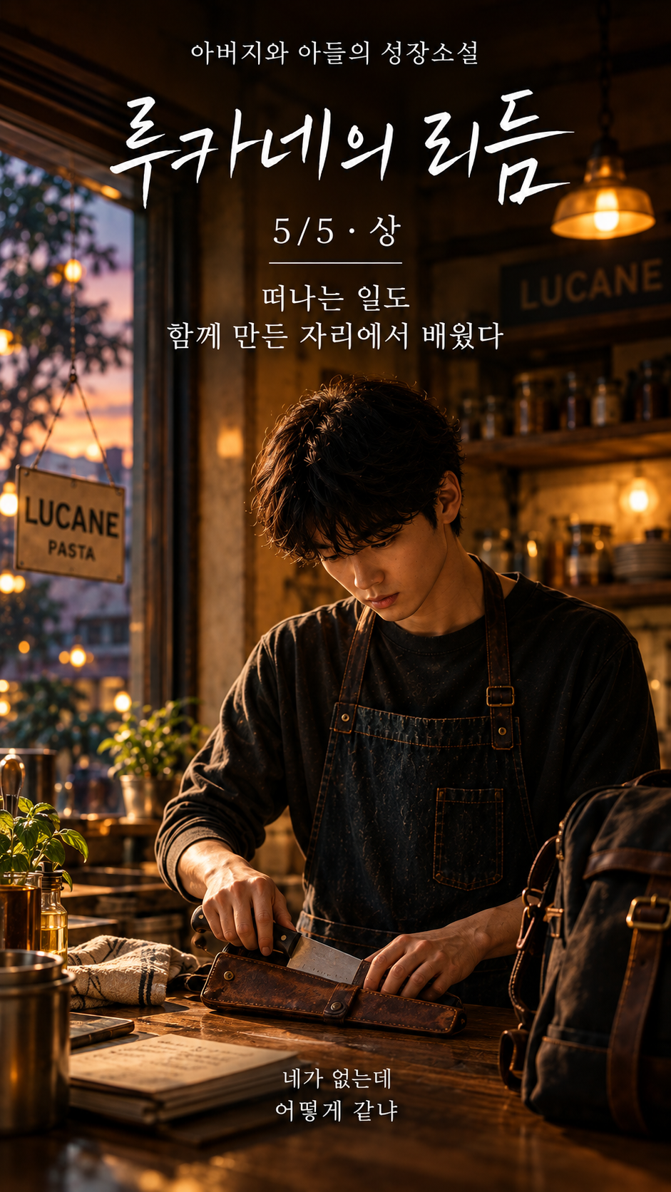 Vertical cover image for Lucane&rsquo;s Rhythm 5/5 &middot; Part 1. In the warmly lit Lucane pasta shop at dusk, a teenage boy in a dark apron carefully packs an old chef&rsquo;s knife into a worn leather sheath beside his travel bag, while the &ldquo;LUCANE PASTA&rdquo; sign hangs by the window. Korean text presents the series as a father-and-son coming-of-age story and includes the lines, &ldquo;Leaving, too, was something he learned from the place they built together&rdquo; and &ldquo;How could it be the same without you?&rdquo;