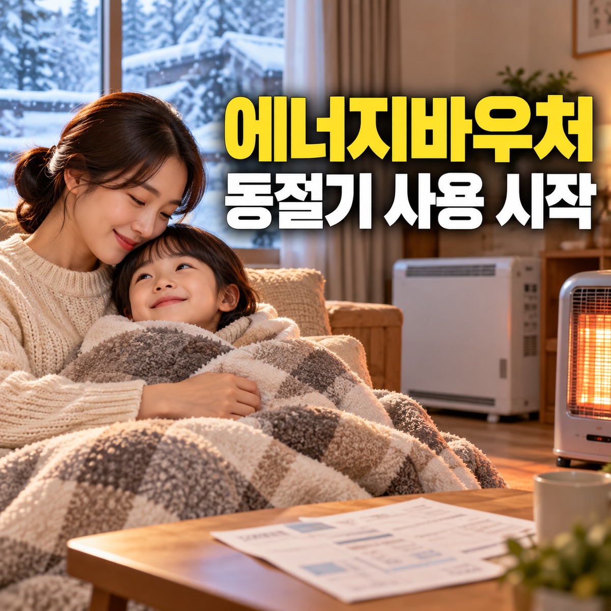 눈 내리는 겨울날 난방기 옆에서 아이와 함께 쉬는 가족