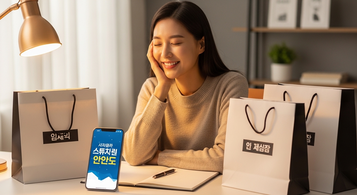 쇼핑백과 스마트폰이 가득한 책상 앞에서 만족스러운 표정을 짓고 있는 사람. 'Smart Shopping' 문구가 화면에 표시되어 있음