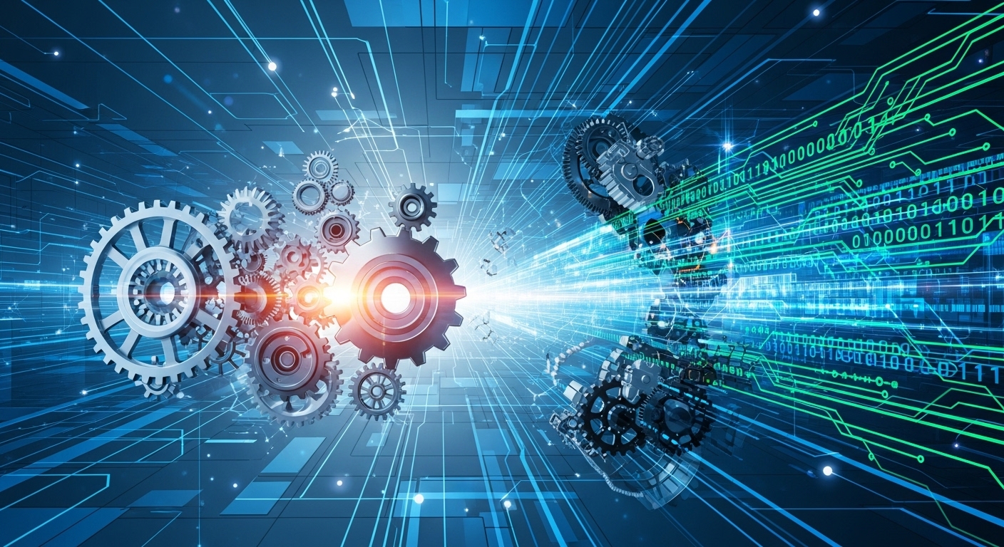 급변하는 기술 발전과 가속화되는 취업 시장의 변화를 역동적으로 표현한 추상적인 이미지