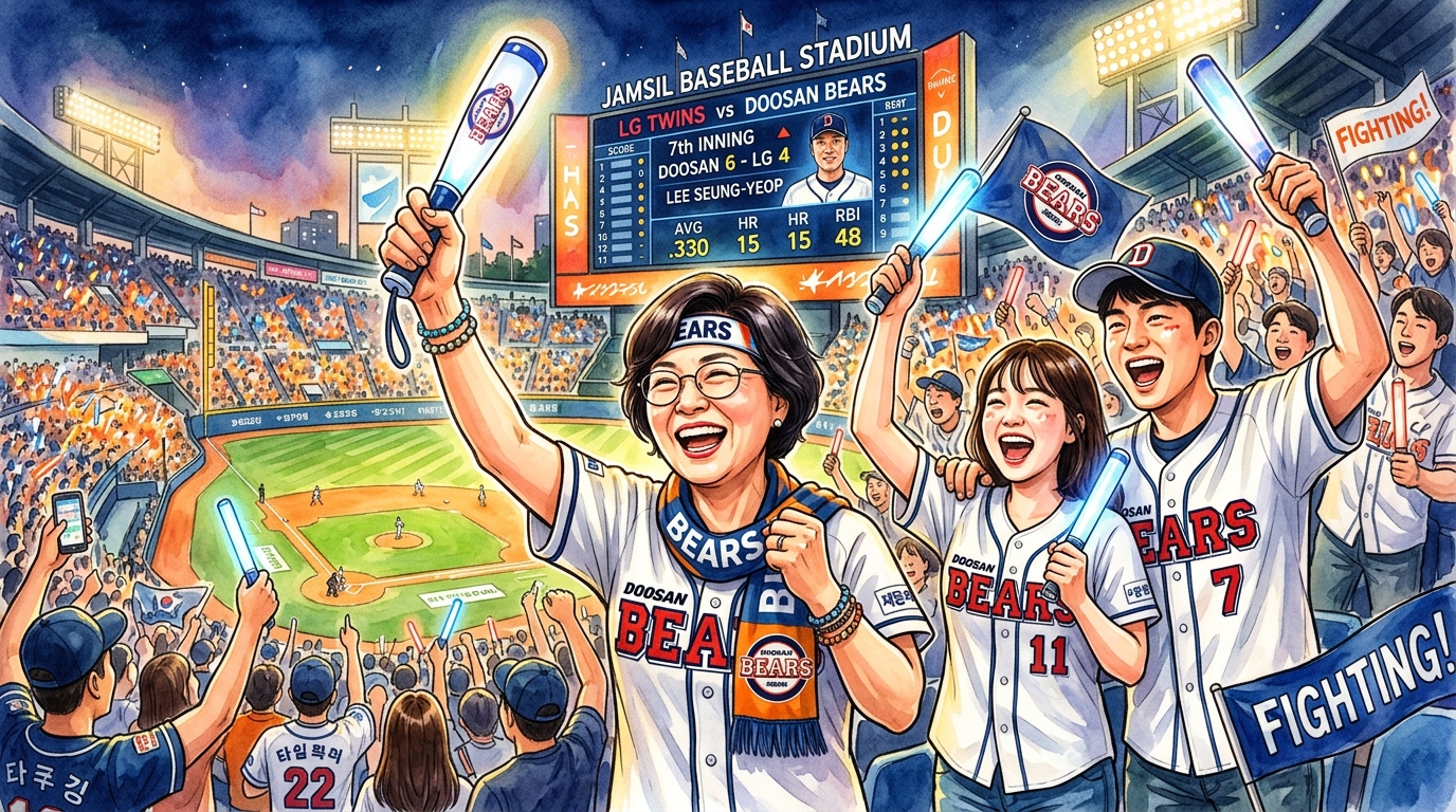 50대 여성이 야구장에서 떼창을 부르며 야구장의 열기와 세대간의 화합을 나타내는 이미지.