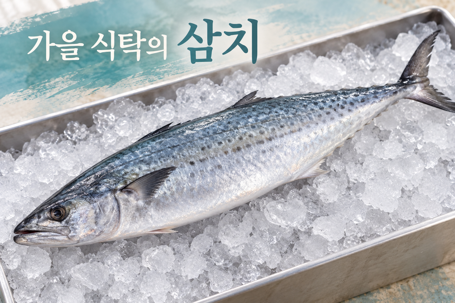 얼음 위에 놓인 길쭉한 은빛 삼치와 몸 옆의 점무늬.