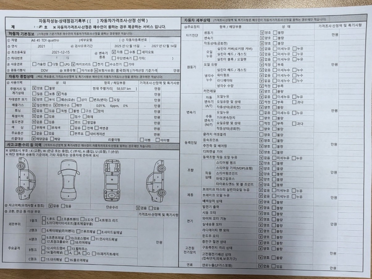주행거리 58,507km와 차량 점검 결과가 표시된 아우디 A6 성능&middot;상태점검기록부 앞장