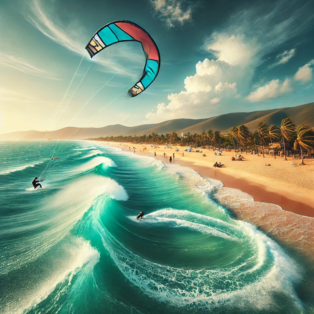 카이트서핑을 즐기는 여행자의 모습과 나트랑 해변의 전경