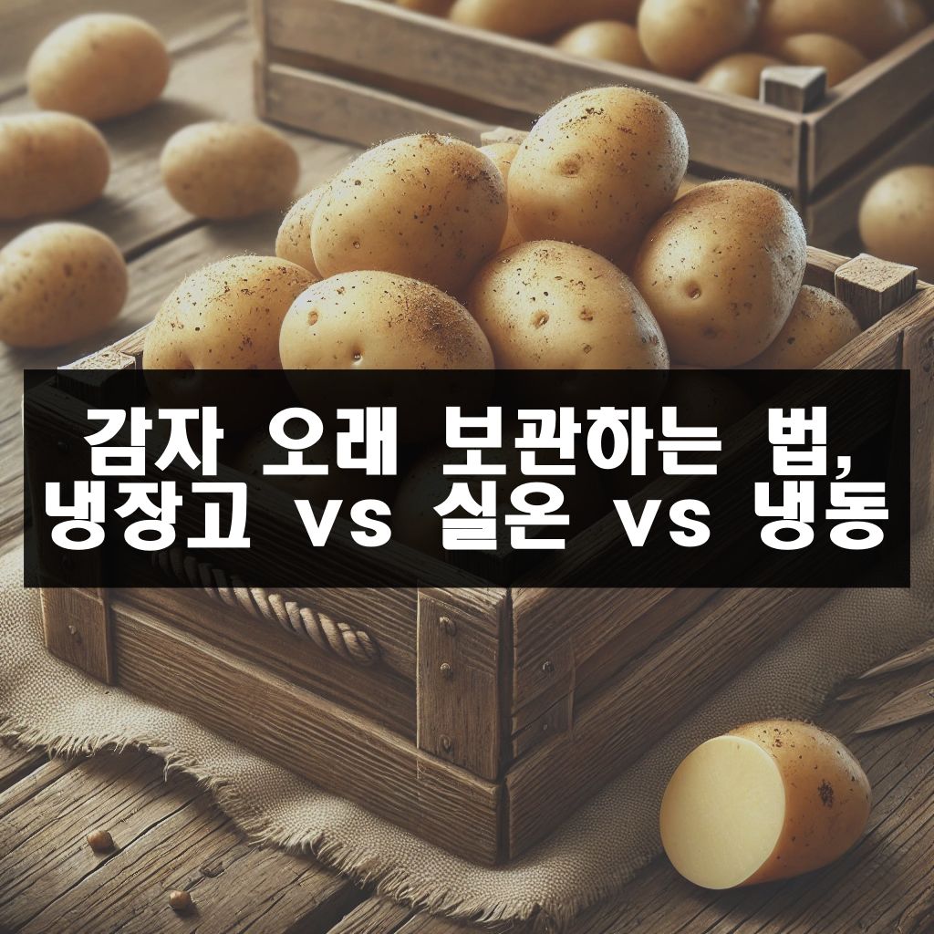 나무 상자에 쌓여있는 감자 사진과 &quot;감자 오래 보관하는법에 관한 내용&quot;이 적혀있는 대표이미지