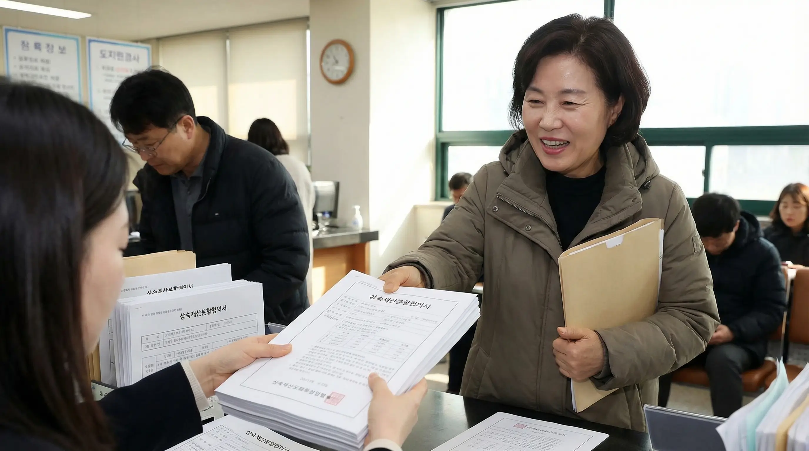 완벽하게 작성된 상속재산분할협의서를 들고 등기소에 제출하며 안도하는 상속인의 모습