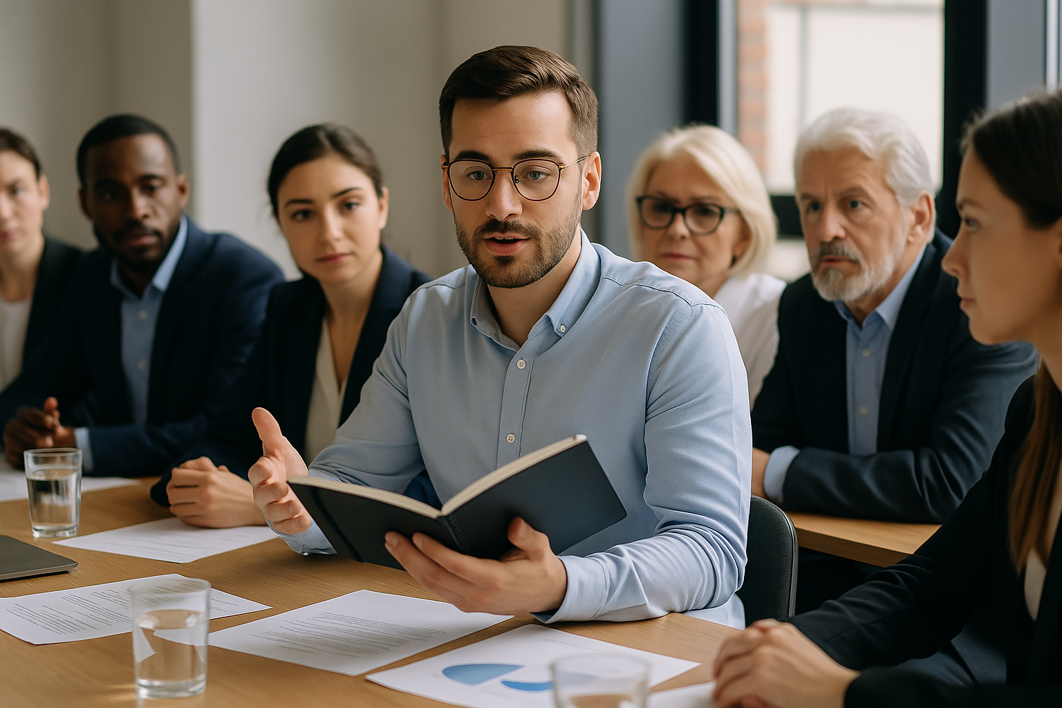 희의 중 남성사원이 노트를 보고 발표한다
