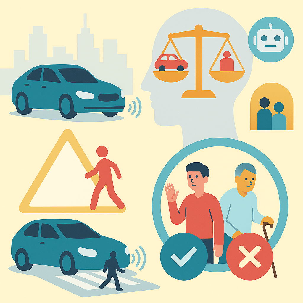 이 이미지는 자율주행차의 윤리적 판단 문제를 시각적으로 표현한 인포그래픽입니다. 밝고 현대적인 톤으로 구성된 그림은 총 네 가지 주요 요소를 담고 있습니다.
왼쪽에는 센서를 통해 주행 중인 자율주행차와 도로를 건너는 보행자가 묘사되어 있으며,
오른쪽 상단에는 사람의 옆모습 실루엣 안에 저울이 들어 있고, 한쪽에는 자동차, 다른 한쪽에는 사람이 실려 있어 윤리적 선택을 상징합니다.
하단에는 보행자 중 한 명이 선택되고, 다른 한 명은 제외되는 모습을 통해 판단의 딜레마를 시각화했습니다.
로봇 아이콘과 사람 아이콘은 인공지능과 인간 간 역할 차이를 간접적으로 표현하고 있습니다.
전체적으로 자율주행차가 직면한 윤리적 의사결정 문제를 직관적으로 전달하는 구조입니다.