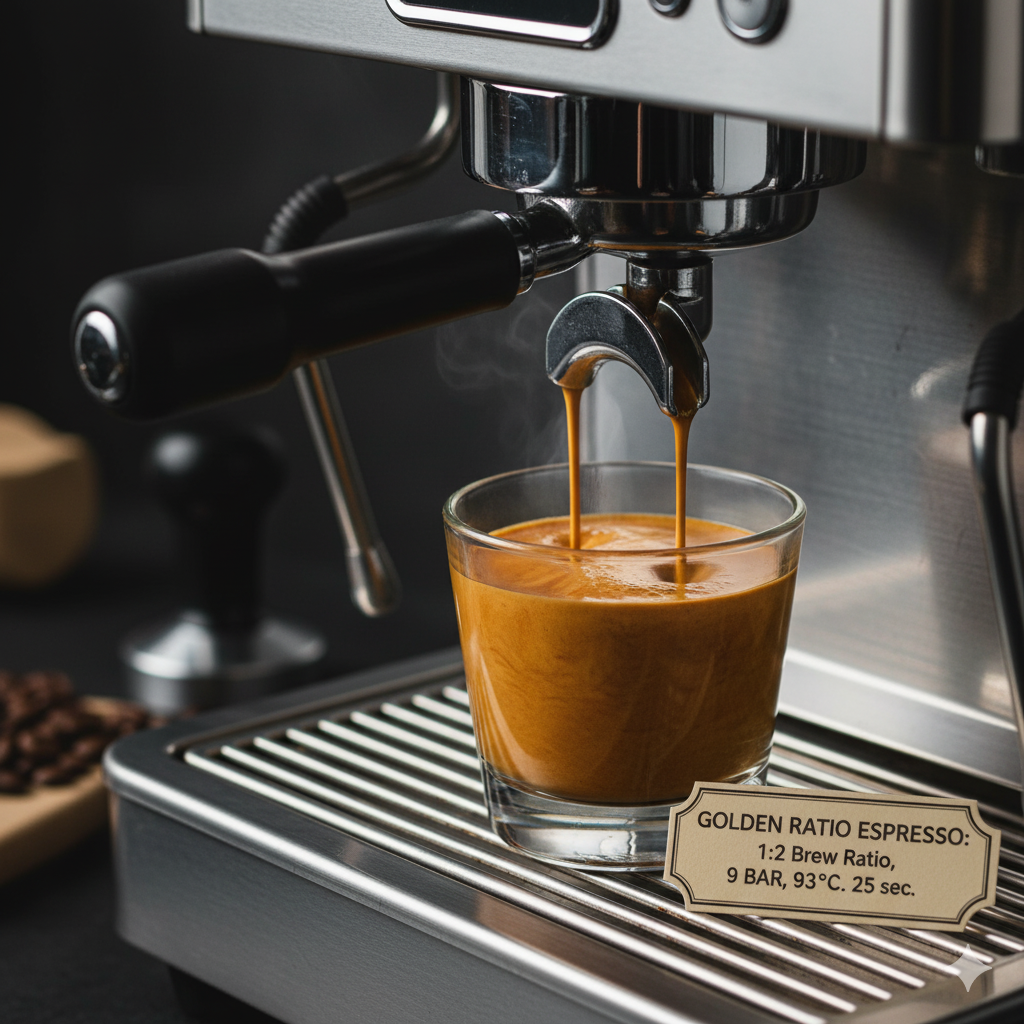 에스프레소 머신에서 황금비율로 추출 중인 크레마가 풍부한 샷의 모습(이미지 생성:google)