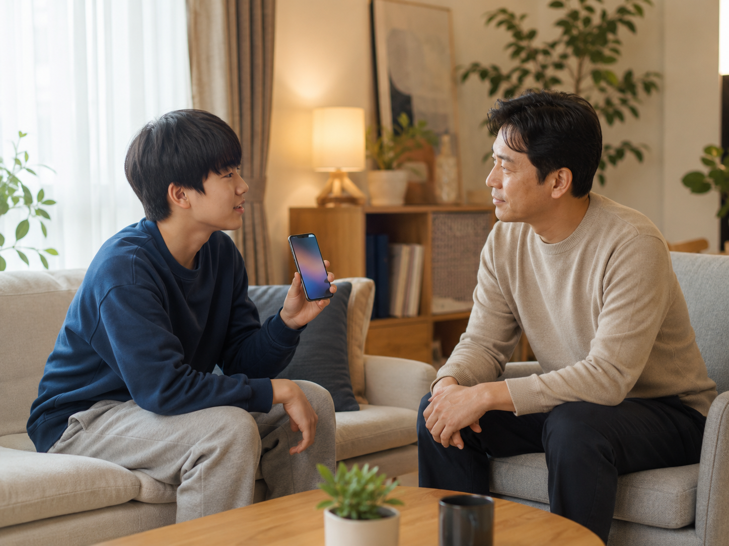 자녀가 스마트폰 화면을 보호자에게 보여주며 이야기하는 장면