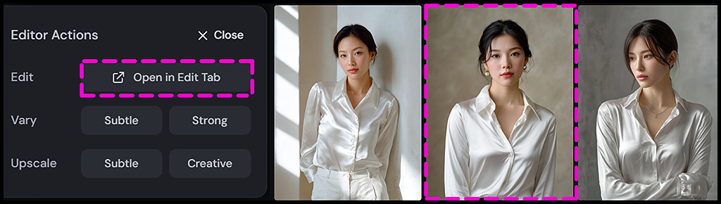 Midjourney Edit, 인물 이미지를 선택하고 Retexture 모드로 이동하는 인터페이스_Midjourney