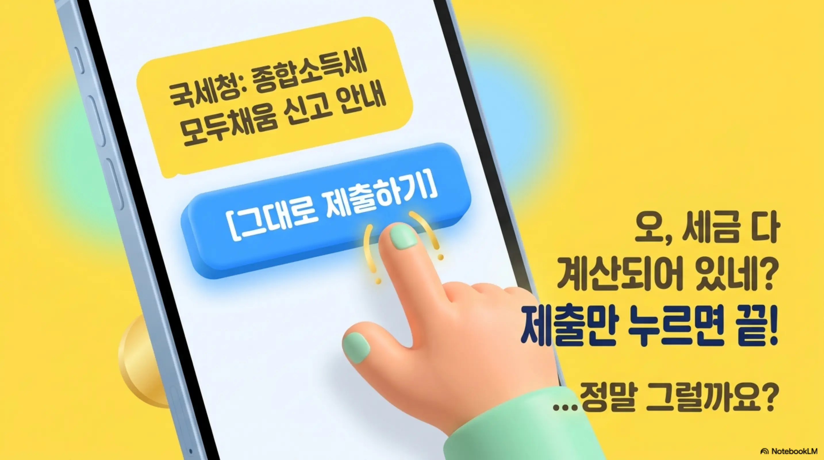 종합소득세 모두채움 신고 안내: 스마트폰에 &amp;#39;국세청: 종합소득세 모두채움 신고 안내&amp;#39; 메시지와 [그대로 제출하기] 버튼이 표시되어 있고 손가락이 버튼을 누르려는 모습이 그려져 있다. 오른쪽에는 &amp;#39;오&amp;#44; 세금 다 계산되어 있네? 제출만 누르면 끝! ...정말 그럴까요?&amp;#39;라는 문구가 적혀 있다. 이 이미지는 모두채움 신고서를 그대로 제출해도 되는지에 대한 의문을 시각적으로 전달하며&amp;#44; 블로그의 종합소득세 모두채움 신고서 제출 전 확인사항과 관련된 내용을 설명함 