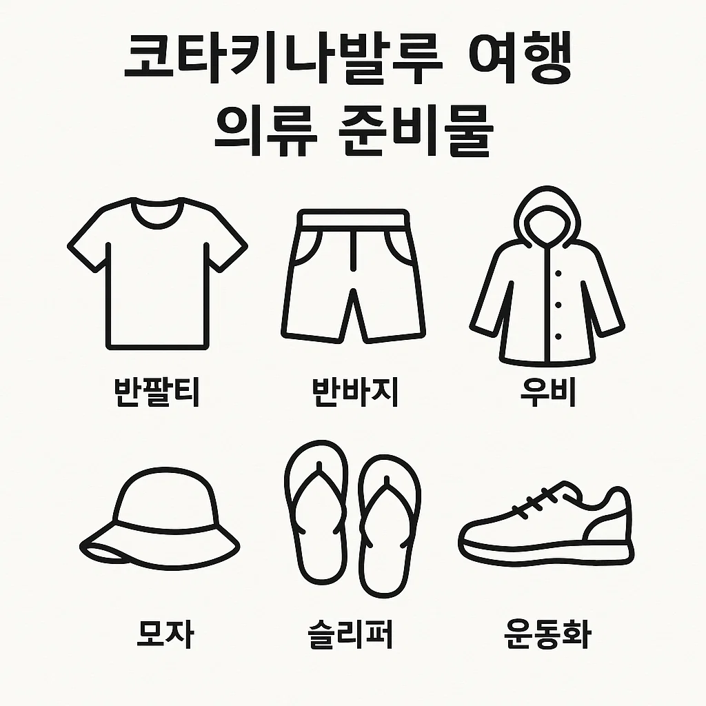 코타키나발루에 맞는 계절별 여행 의류를 아이콘으로 구성한 안내 이미지