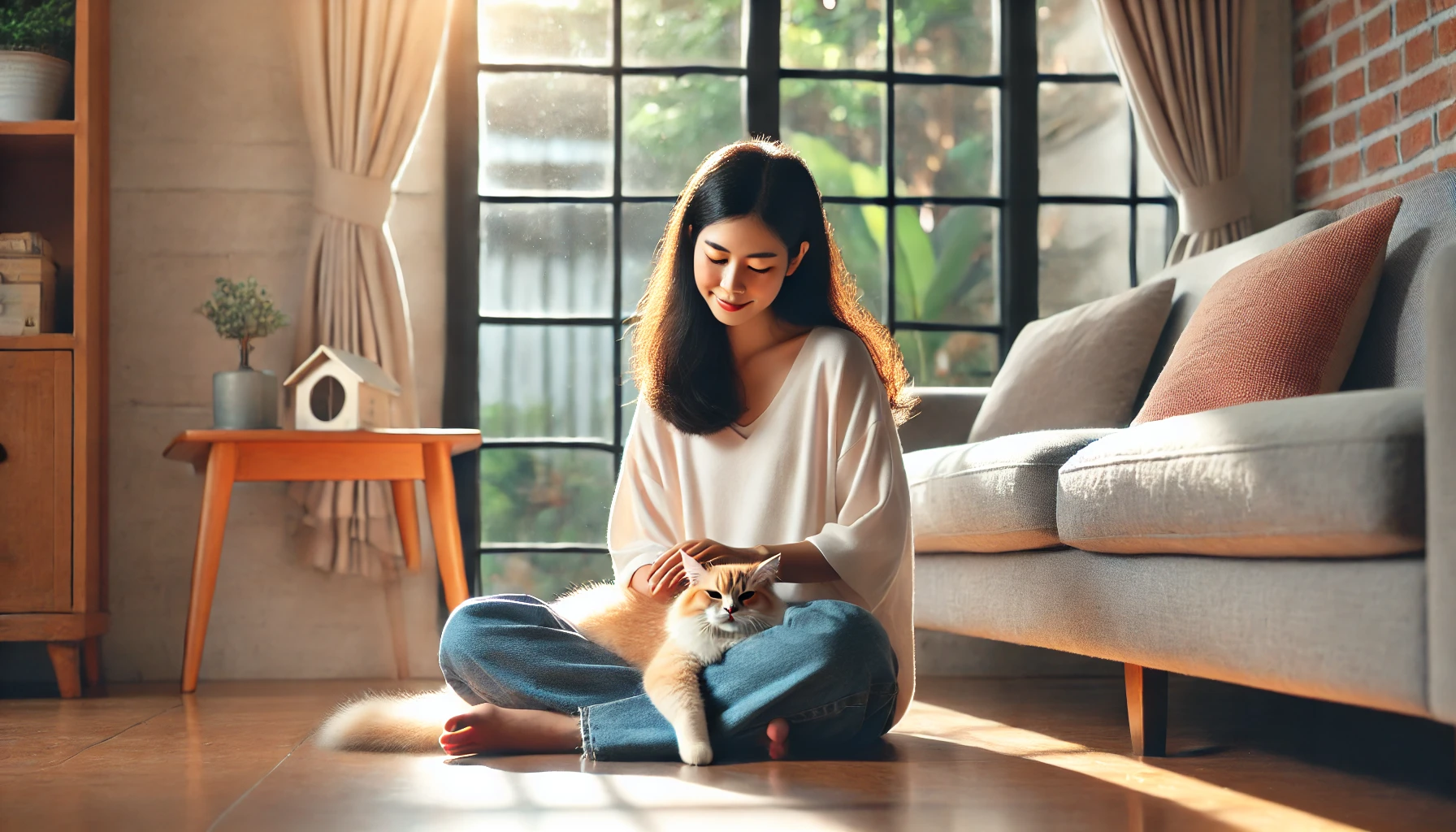 보호자 무릎 위에 앉아있는 고양이