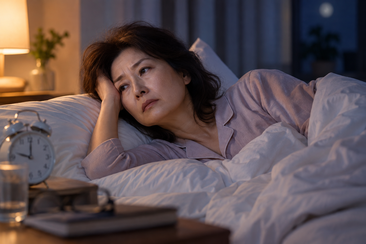 갱년기 불면증으로 밤에 침대에서 잠을 이루지 못하는 중년여성 이미지 AI