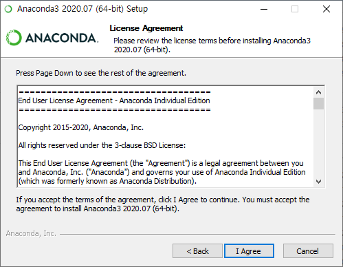 아나콘다 설치 라이선스 동의 화면