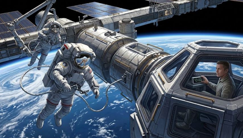 지구를 배경으로 궤도를 돌고 있는 국제우주정거장(ISS)의 상세한 모습입니다. 중력이 약한 곳에서 시간이 미세하게 빨라지는 효과와 고속 이동으로 느려지는 효과가 상쇄되는 '정밀한 물리적 현상'의 배경을 보여줍니다