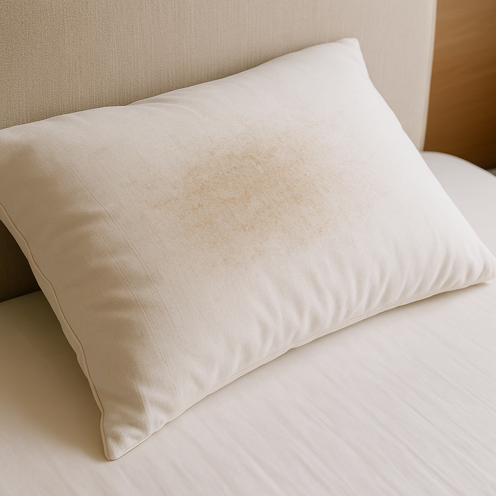 땀과 먼지로 얼룩진 흰색 베개 클로즈업 이미지