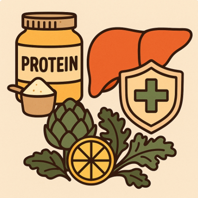 단백질 보충제와 간 건강을 상징하는 정사각형 일러스트 &ndash; 간, 보호막, 아티초크, 레몬, 단백질 분말이 함께 그려진 이미지