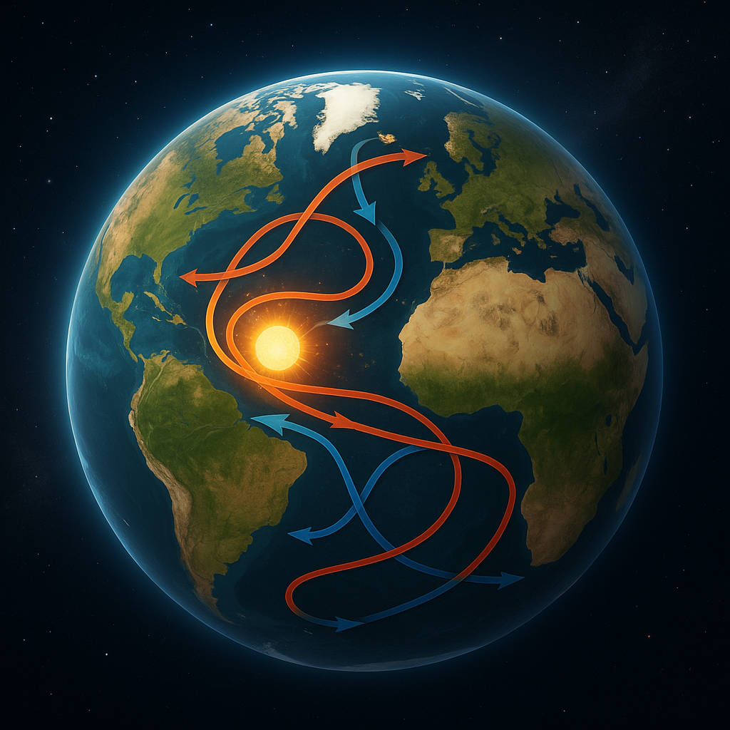 지구 전체를 조망하는 시점에서, 표층의 따뜻한 해류(붉은 화살표)와 심층의 차가운 해류(푸른 화살표)가 북대서양에서 가라앉고, 대서양을 따라 남하 후 전 지구를 순환하는 전 지구 해양 순환(thermohaline circulation), 특히 대서양 자오선 오버턴 순환(AMOC)이 강조되어 시각화된 일러스트