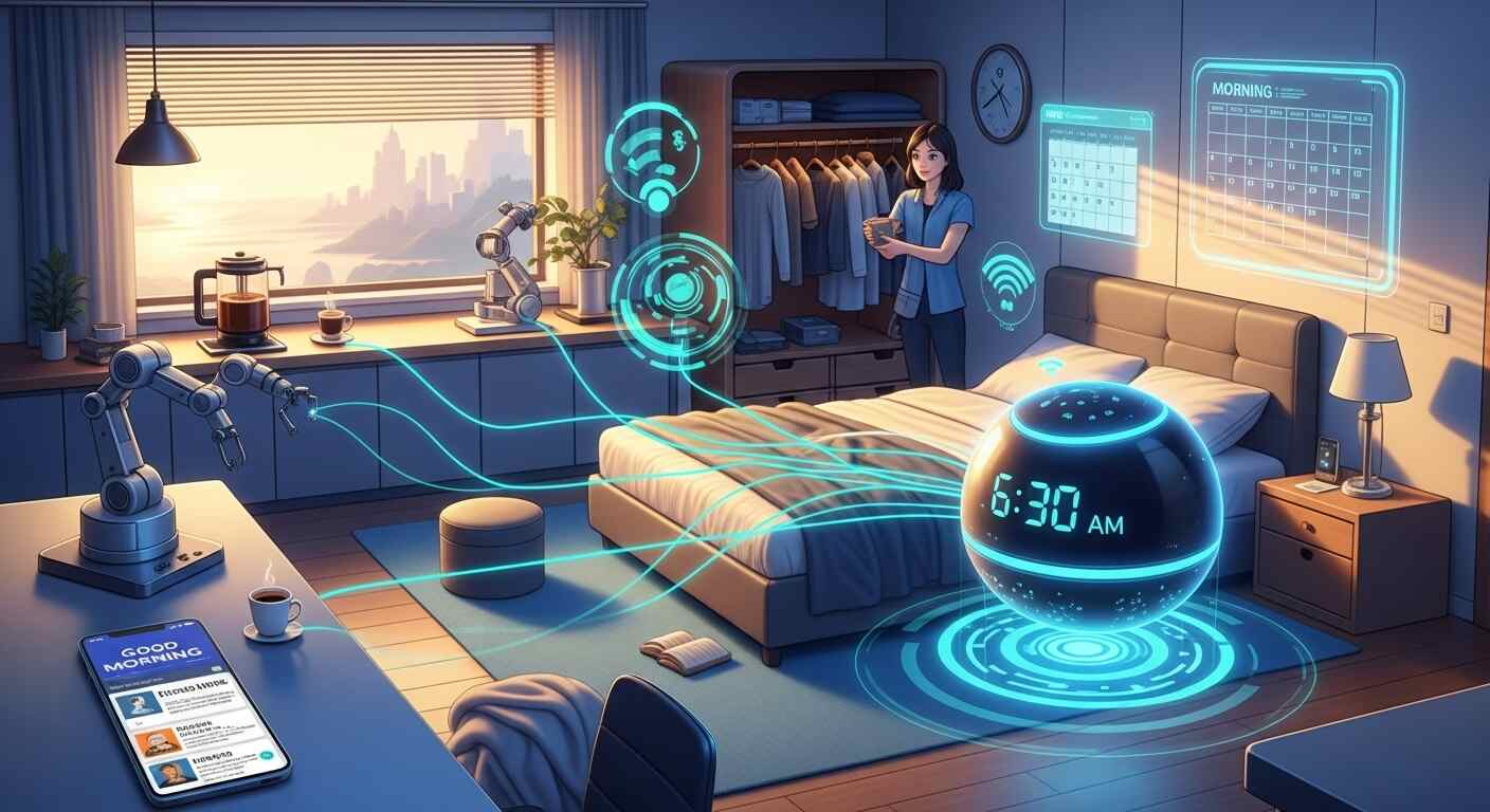 AI 기술이 일상 루틴과 알람을 자동화하는 개념 일러스트