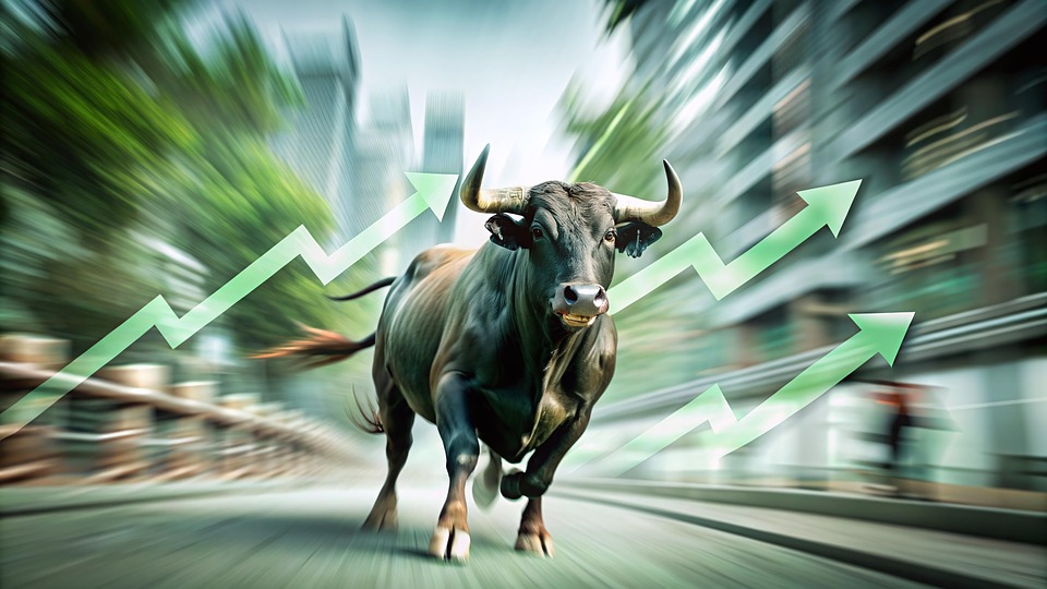 미국주식시장상징인 황소가 달리는 모습이 가운데 있는 그림