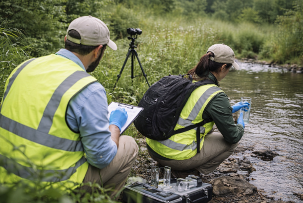 환경영향평가 과정에서 전문가가 현장에서 수질과 생태를 조사하는 장면
