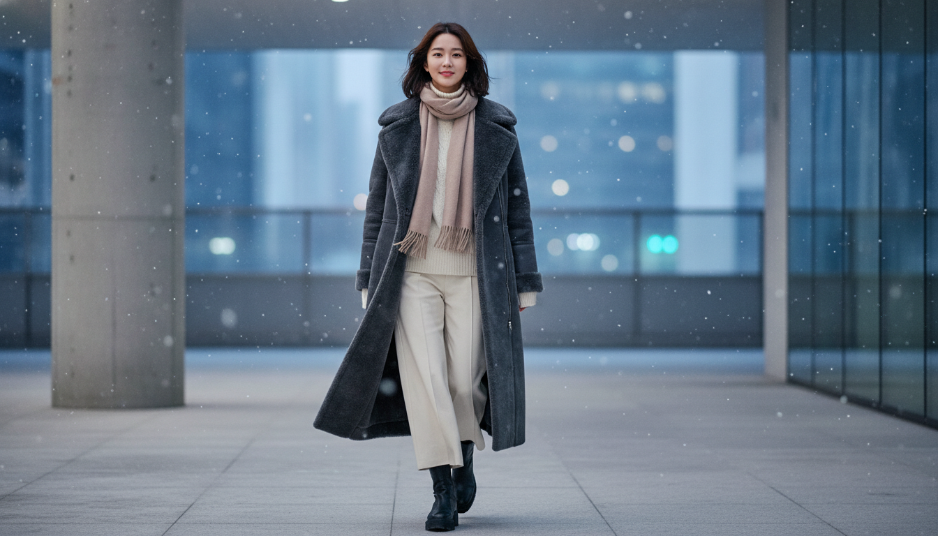2026년 겨울 미니멀룩의 정석을 보여주는 배우 남지현 스타일의 우아한 무스탕 코디. 도회적인 배경에서 차분한 뉴트럴 톤 무스탕을 입고 걸어가는 여성의 모습.