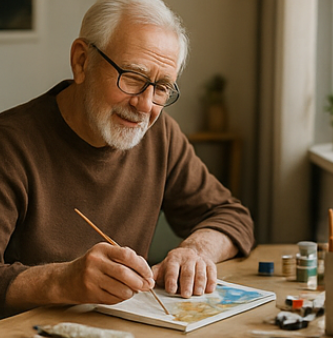책에 그림을 그리는 노인 이미지