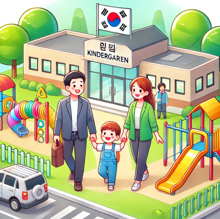 유치원 입학 첫날&amp;#44; 아이와 학부모가 교직원의 환영을 받는 모습