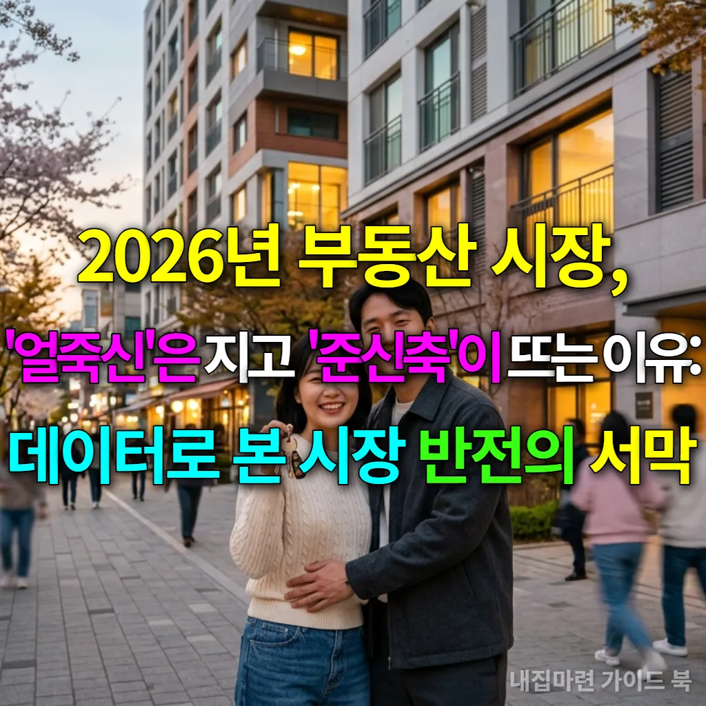 2026년 부동산 시장에서 신축 대신 준신축 아파트를 선택하며 만족해하는 한국인 부부의 모습