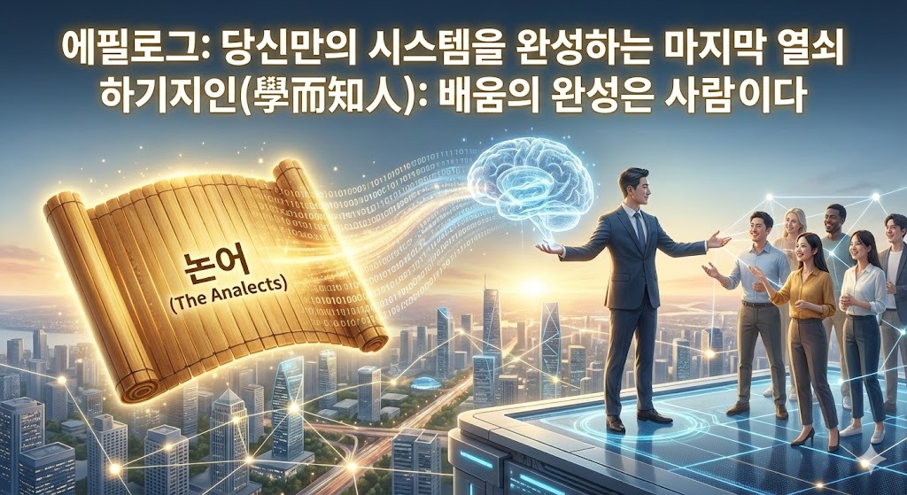 디지털 코드로 변환되는 거대한 황금빛 고전 죽간이 현대 도시를 비추는 배경. 중앙의 리더가 현대적 기술과 고전의 지혜를 결합하여 사람들과 함께 밝은 빛의 문으로 걸어 들어가는 모습. '하기지인(學而知人) - 배움의 끝은 사람을 아는 것이다'라는 문구가 금색으로 각인되어, 인격 운영체제의 완성과 진정한 리더십의 실현을 상징함.