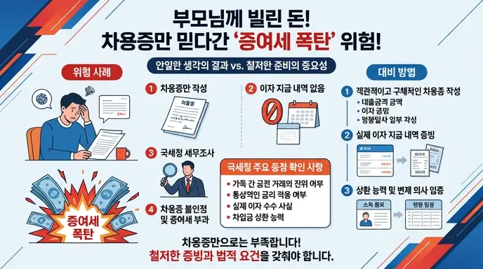 부모님께 빌린 돈을 차용증만으로 증빙하려다 국세청 세무조사를 받고 증여세 폭탄을 맞는 위험을 경고하는 인포그래픽