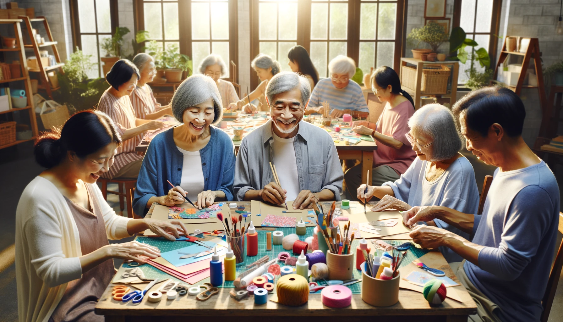 커뮤니티 센터에서 공예 만들기를 하는 시니어들