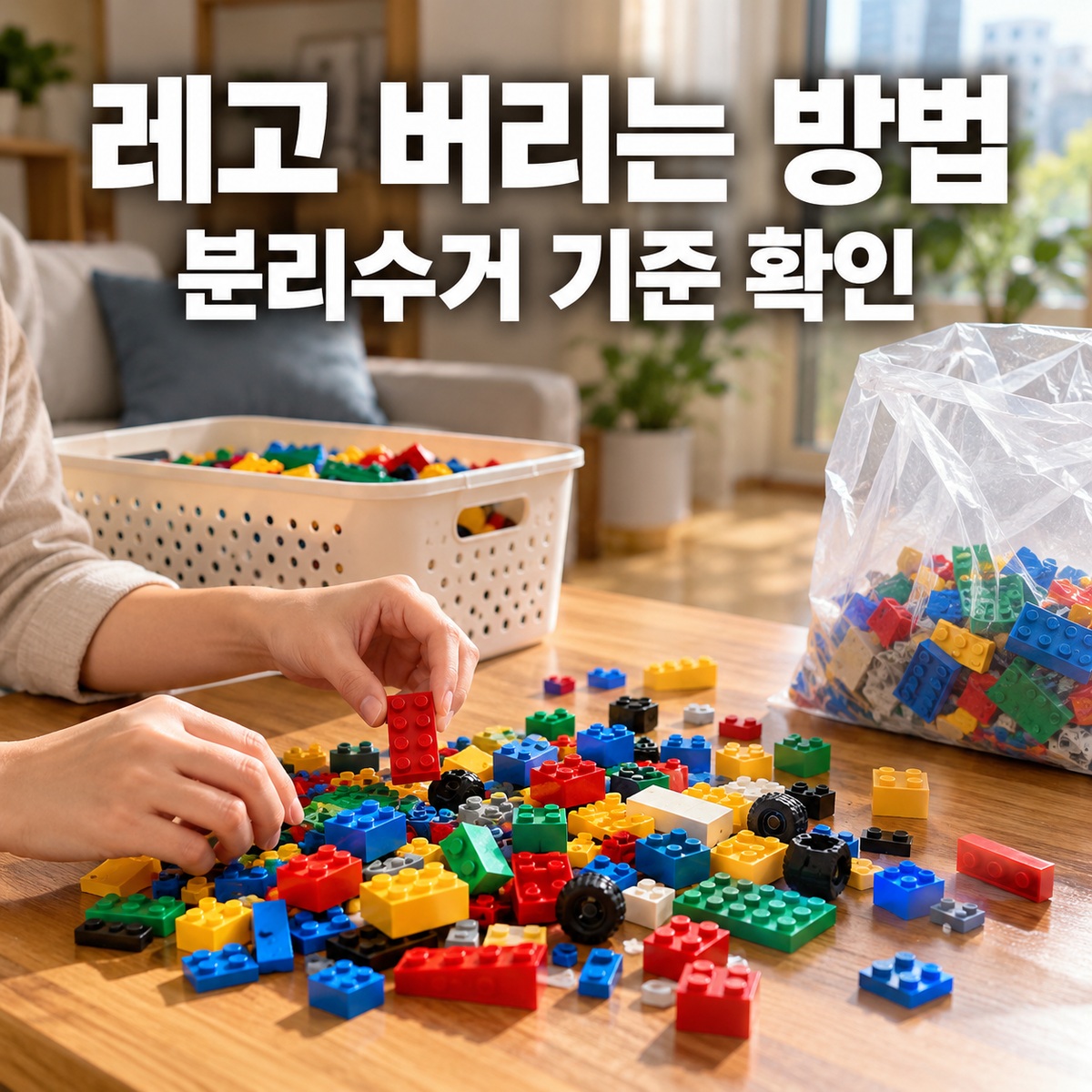 거실 나무 테이블 위에 다양한 색상의 레고 블록을 정리하고 투명 봉투에 모아 둔 장면