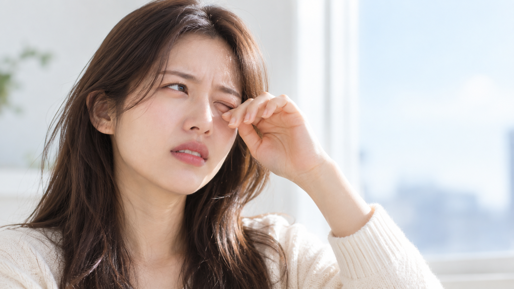 눈앞에 날파리 같은 것이 보여 눈을 찡그리는 여성