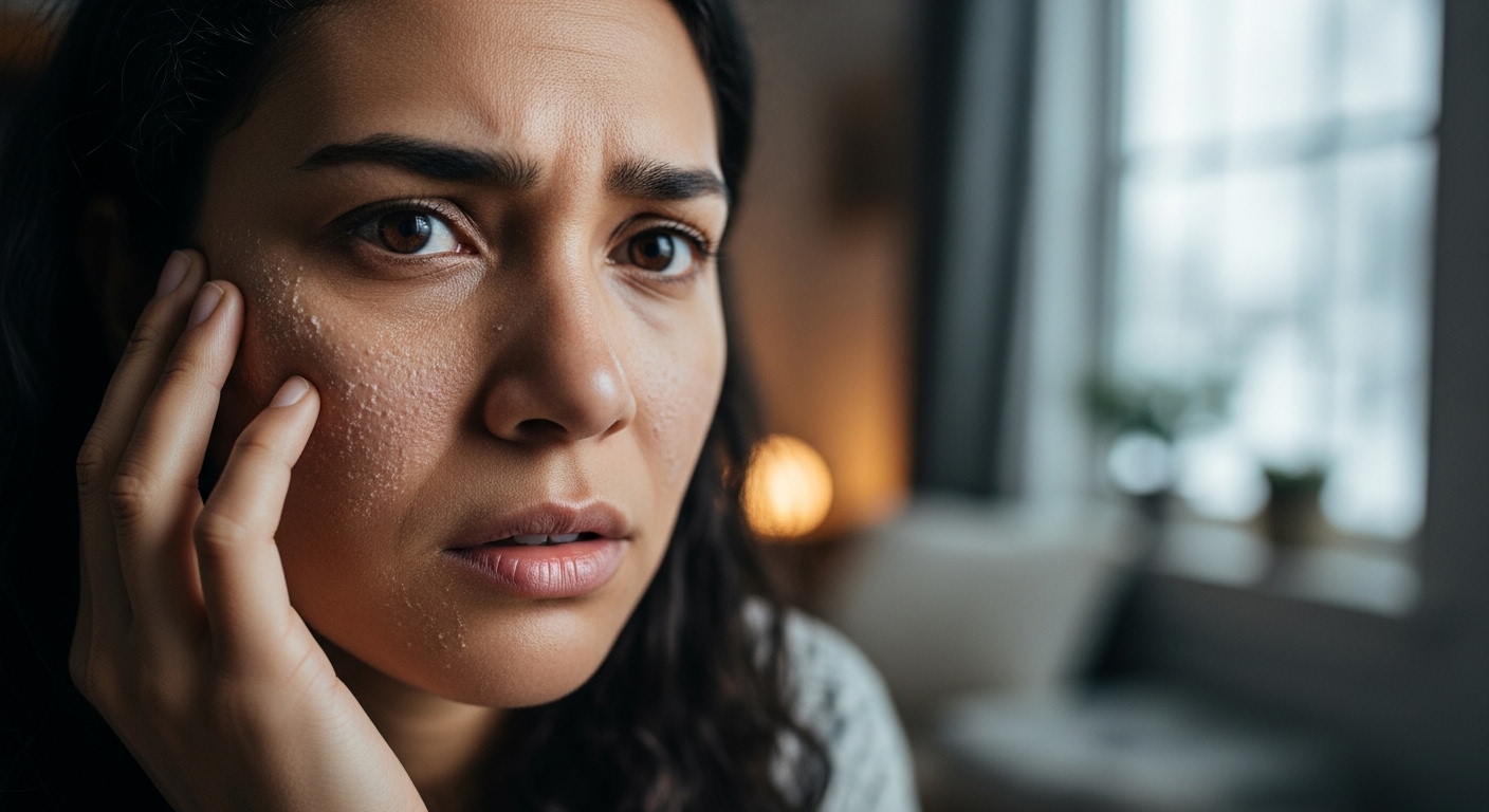 차가운 실내에서 건조하고 민감해진 피부를 만지는 사람의 얼굴 클로즈업. 겨울철 피부 뒤집어짐의 불편함을 보여주며 회복에 대한 희망을 암시합니다.