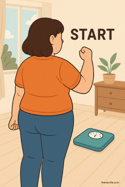 An overweight woman standing in front of a scale with determination, symbolizing the start of her weight loss journey./과체중 여성이 체중계 앞에 서서 다짐하는 모습, 다이어트 시작을 결심하는 장면