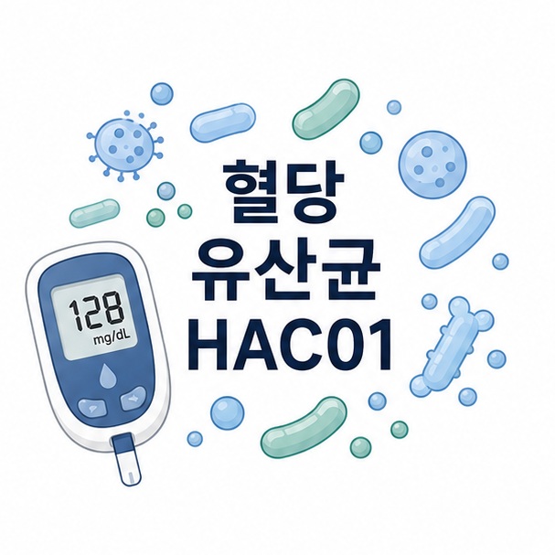 유산균 아이콘과 혈당 측정기를 함께 배치해 혈당 유산균 HAC01을 설명하는 대표 이미지