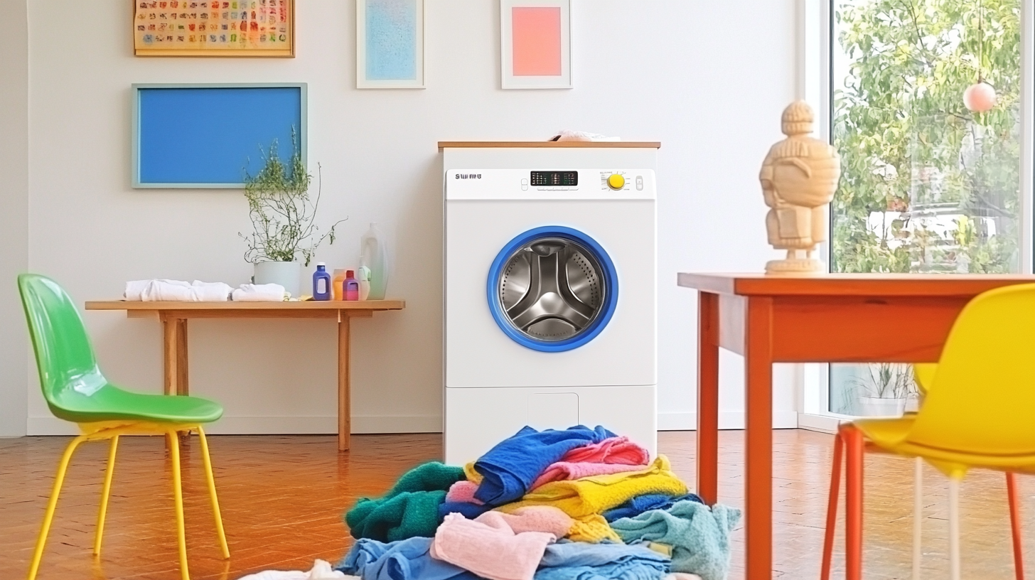 삼성의 24kg 세탁과 17kg 건조 용량을 자랑하는 세탁기가 많은 빨래 더미를 효율적으로 처리하고 있는 가족 친화적인 장면입니다. 대가족이나 빨래가 많은 가구를 위한 최적의 솔루션이 실현되는 생동감 있는 조명의 장면입니다.