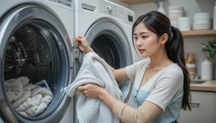 장마철 건조기에서 옷을 꺼내고 있는 여성