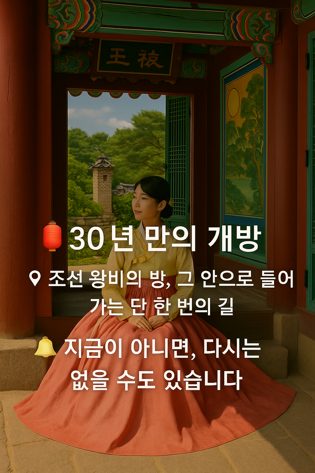 전통 한복을 입은 여성이 교태전 문간에 앉아 있는 모습과 중앙에 배치된 &lsquo;30년 만의 개방&rsquo; 문