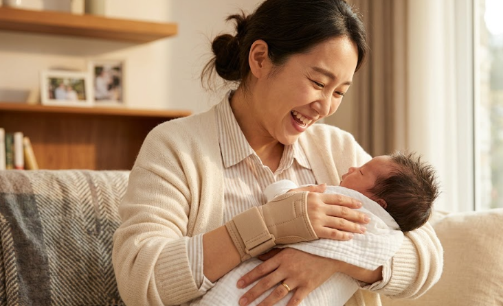 신생아를 안고 웃고 있는 한국인 여성