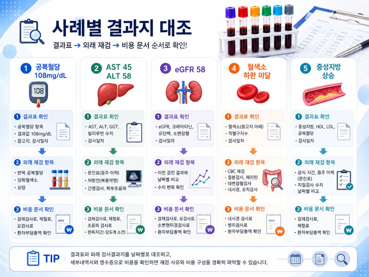 공복혈당 108mg/dL, AST·ALT 상승, eGFR 58, 혈색소 하한 미달, 중성지방 상승 사례별 결과지 대조 방법을 정리한 의료 인포그래픽