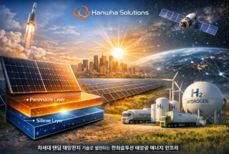 한화솔루션 탠덤 태양전지와 태양광 에너지 기술 개념 이미지