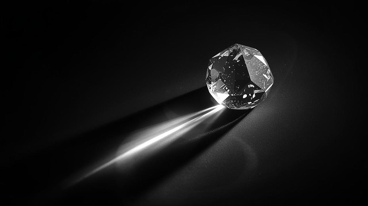 검은색 배경 위로 강렬한 한 줄기 빛이 투명한 다면체 결정을 관통하며 눈부신 빛의 굴절과 그림자를 만들어내는 미니멀한 흑백 사진. 인공지능의 정밀함과 정보의 투명성을 상징하는 추상적 이미지