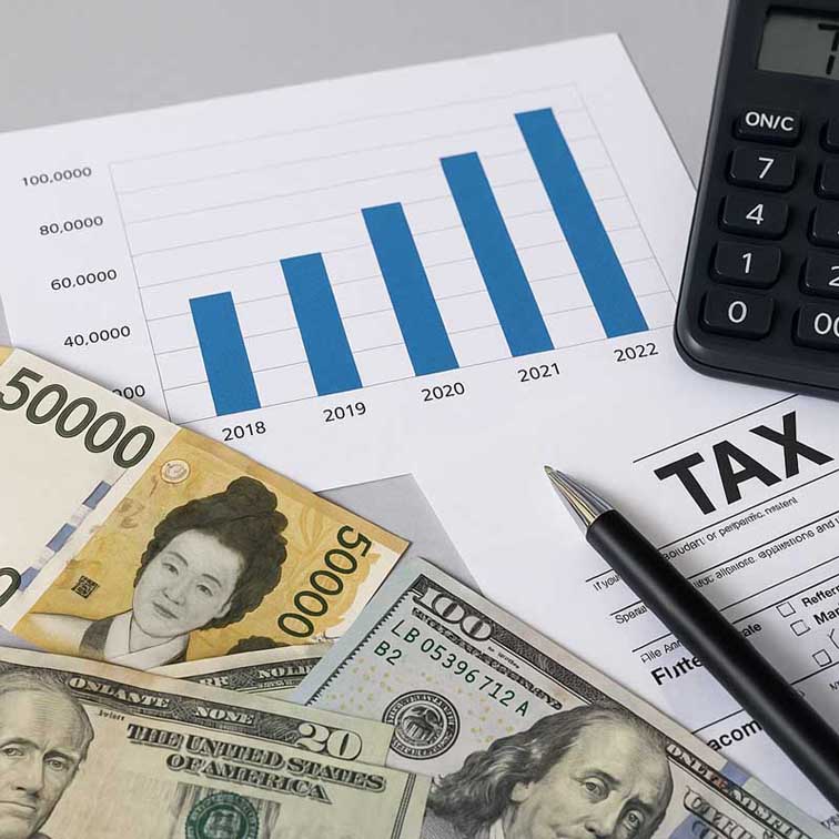 해외주식 양도소득세를 설명하기 위해 원화 지폐, 달러, 계산기와 차트를 함께 배치한 실사형 이미지