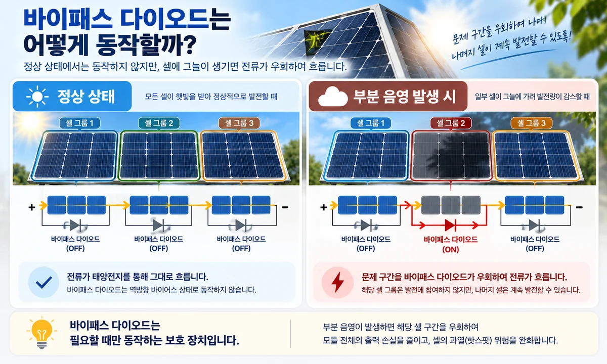 태양광 모듈 정상 상태와 부분 음영 발생 시 바이패스 다이오드가 동작하는 원리를 비교한 인포그래픽