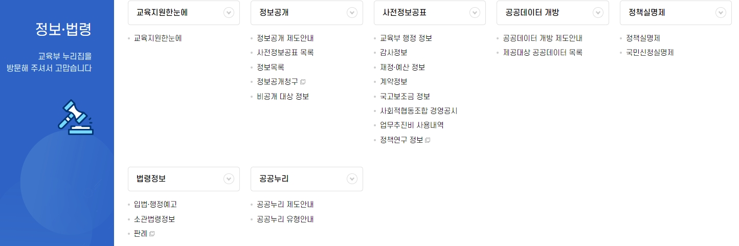 공공데이터 개방 메뉴에서 다양한 교육 통계 파일을 다운로드하는 화면
