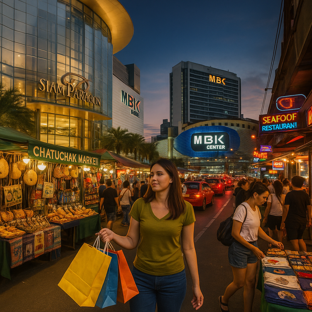 황혼에 물든 방콕 도심, 시암파라곤과 MBK센터를 배경으로 네온사인 아래 쇼핑백을 든 여행객들이 분주히 오가는 활기찬 시장 거리 풍경
